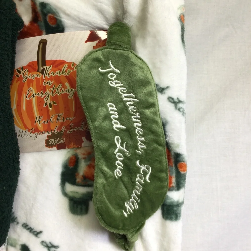Throw Eyemask Socks White Green Fall Trucks Gnomes “Give Thanks in Everything”